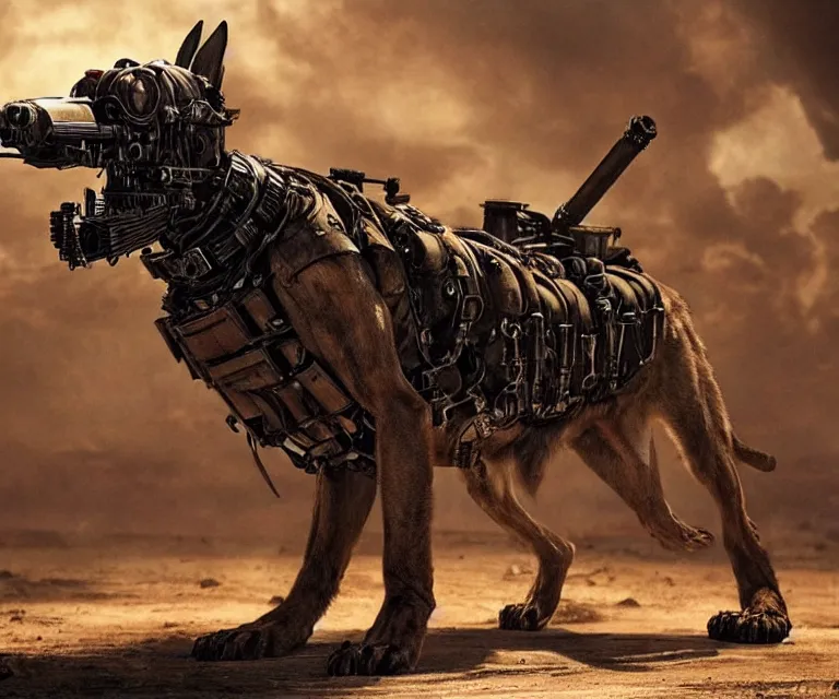 Image similar to a good ol'bloodhound dog fursona ( from the furry fandom ), heavily armed and armored facing down armageddon in a dark and gritty version from the makers of mad max : fury road. witness me.