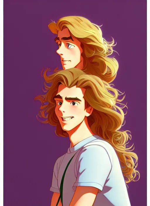 Prompt: young man with long, curly, golden hair, aquamarine eyes, natural lighting, path traced, highly detailed, high quality, cartoon, digital painting, by don bluth and ross tran and studio ghibli and alphonse mucha