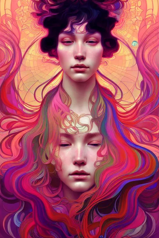 Prompt: beautiful psychedelic portrait, highly detailed, digital painting, artstation, sharp focus, illustration, art by tan zi and ayanamikodon and alphonse mucha and wlop