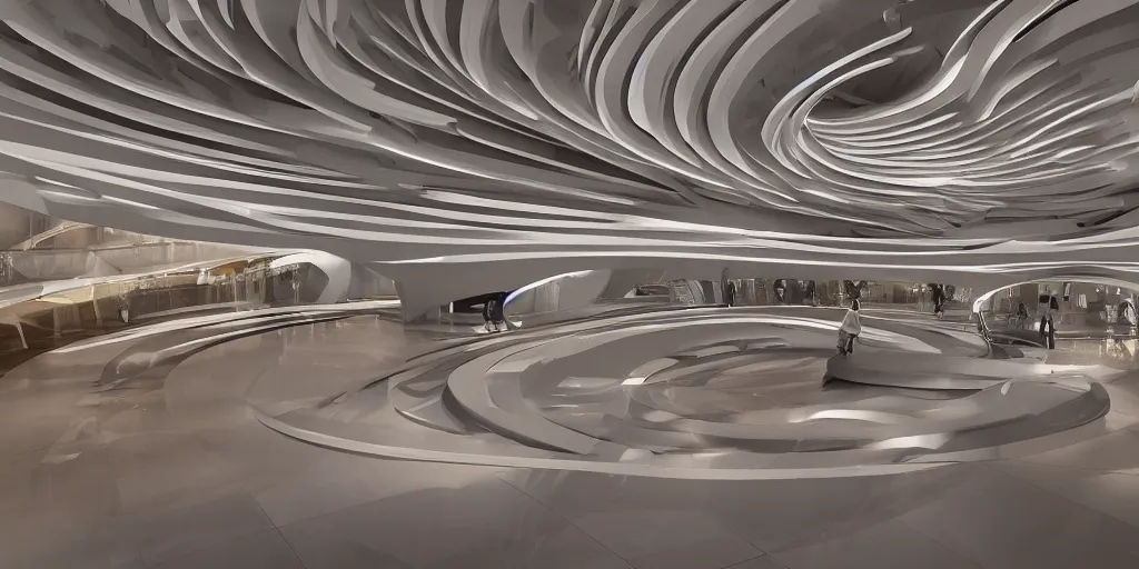 Image similar to extremely detailed stunning beautiful futuristic smooth curvilinear museum lobby interior, smooth clean texture, hyper real, 8k, 3D cinematic volume light