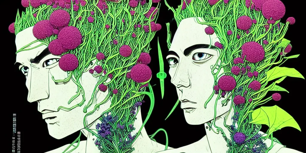 Prompt: risograph grainy drawing futuristic sci - fi antagonist face wearing earrings, photorealistic colors, face covered with plants and flowers, by moebius and satoshi kon and dirk dzimirsky close - up portrait, hyperrealistic