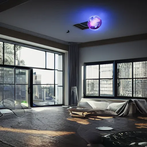 Prompt: a home built in a huge soap bubble, windows, doors, porches, awnings, middle of space, cyberpunk lights, hyper detail, 8 k, hd, octane rendering, unreal engine, v - ray, full h