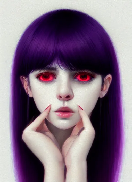 Image similar to hair whitebangs hair, black hair, whitebangs, portrait of teenage girl with white bangs, red irises, purple clothes, white bangs, bangs are different color from hair, intricate, elegant, glowing lights, highly detailed, digital painting, artstation, concept art, smooth, sharp focus, illustration, art by wlop, mars ravelo and greg rutkowski