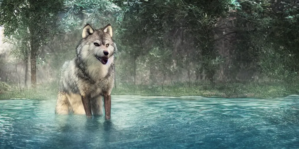 Image similar to a detailed CGI rendered anthropomorphic wolf furry(with long hair and cute big green eyes, tail raised, concerned expression, anthro wolf face, very fluffy and furry) standing in a pool, shot in wide angle, with soft lighting. Digital art render, artstation, ultra detailed