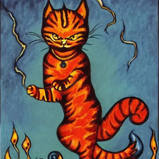 Image similar to a cat with fire in her claws, louis wain, fantasy art