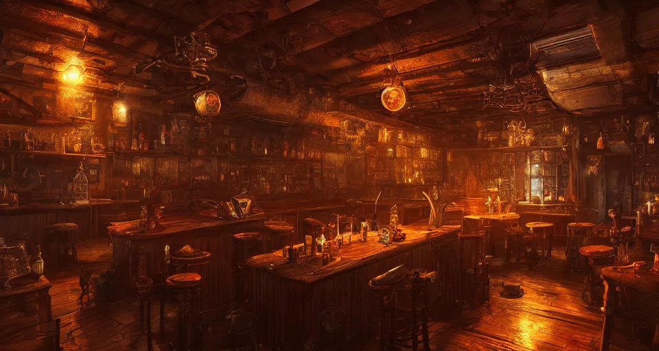 Image similar to alchemy tavern, hyperdetailed, artstation, cgsociety, golden hour 8 k, volumetric lighting