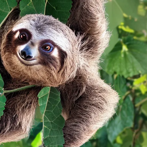 Image similar to an energetic young sloth with big eyes swinging on a vine