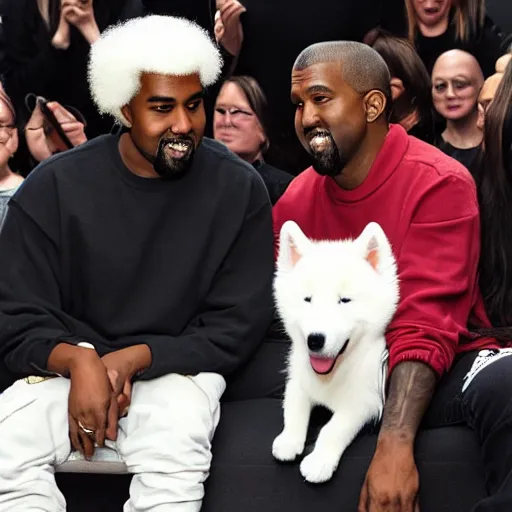 Image similar to kanye west and happy samoyed