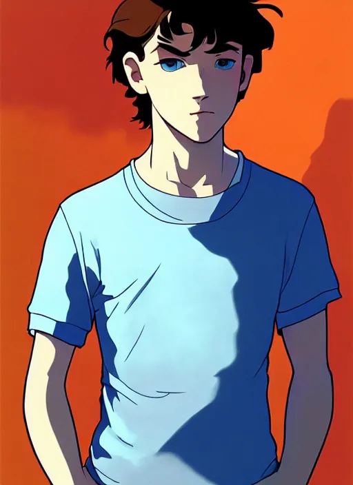 Image similar to art young lenin, light blue eyes, pale skin, freckles, sad expression, t - shirt, modern casual clothing, natural lighting, path traced, highly detailed, high quality, cartoon, digital painting, by don bluth and ross tran and studio ghibli and alphonse mucha