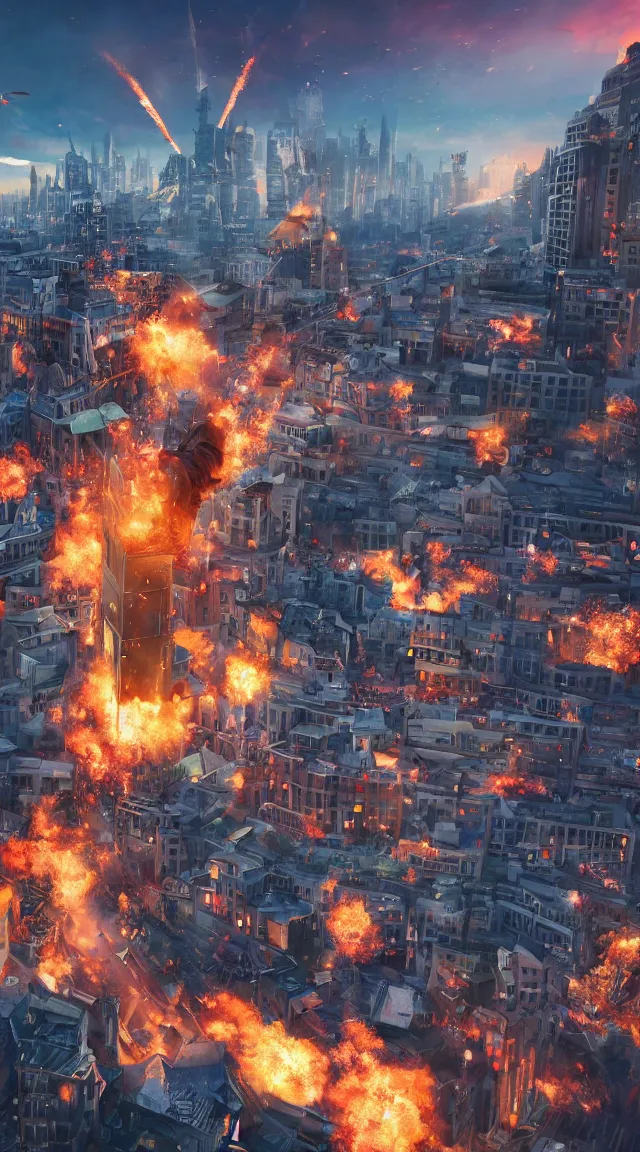 Prompt: hyperrealistic giant toy tin soldier destroying city, stunning, realistic, highly detailed attributes and atmosphere, dim volumetric cinematic lighting, 8 k octane extremely hyper - detailed render, post - processing, masterpiece, sky, art deco buildings, windows, cars, explosion, street view