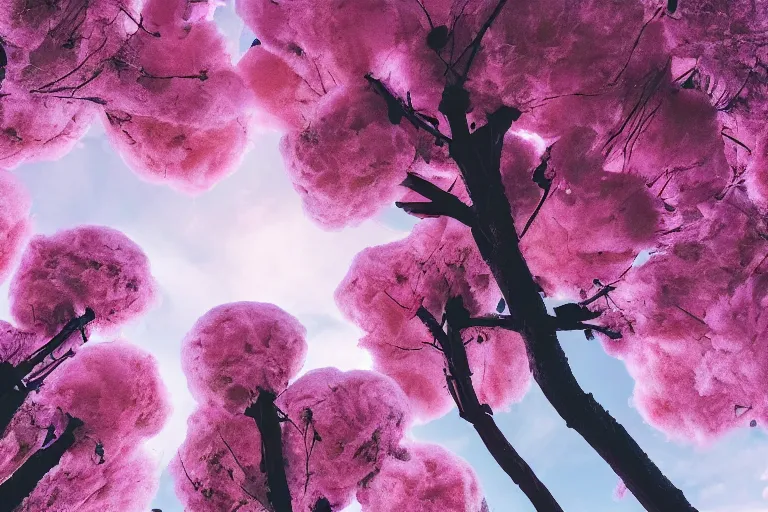 Prompt: photograph of a planet with cotton candy trees, 🍭 people cute, animation, Pixar style, happy fun