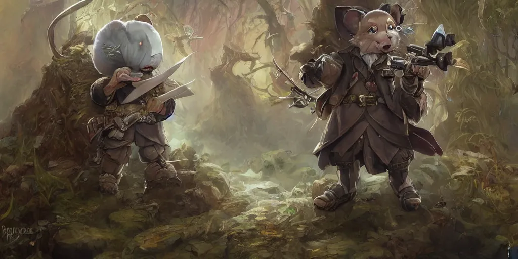 Prompt: dungeons and dragons fantasy painting, portrait of an roborovski dwarf hamster in a suit and tie with a rifle, whimsical and cute, determined expression, watery eyes, anime inspired by krenz cushart, light grey fur, tufty whiskers, bamboo forest, dawn lighting, by brian froud jessica rossier and greg rutkowski