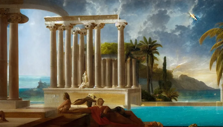 Image similar to From Inside the giant Palace, mediterranean balustrade and columns, refracted line and sparkles, thunderstorm, greek pool, beach and Tropical vegetation on the background major arcana sky and occult symbols, by paul delaroche, hyperrealistic 4k uhd, award-winning, very detailed paradise