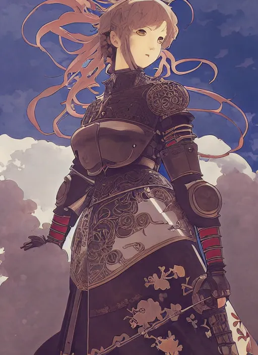 Prompt: yoh yoshinari, ilya kuvshinov editorial anime illustration female knight in ornate armor, last exile, murata range, fine detail,, dramatic lighting, dynamic composition, cel shading, vivid, rich texture, alphonse mucha, ( ( ( colorful ) ) ), gustav klimt, cinematic