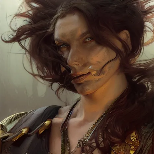 Prompt: bearded gunslinger, painted fantasy character portrait, headshot, fantasy, highly detailed, digital painting, artstation, concept art, sharp focus, illustration, art by the golden age of American illustration archive, artgerm and greg rutkowski and alphonse mucha