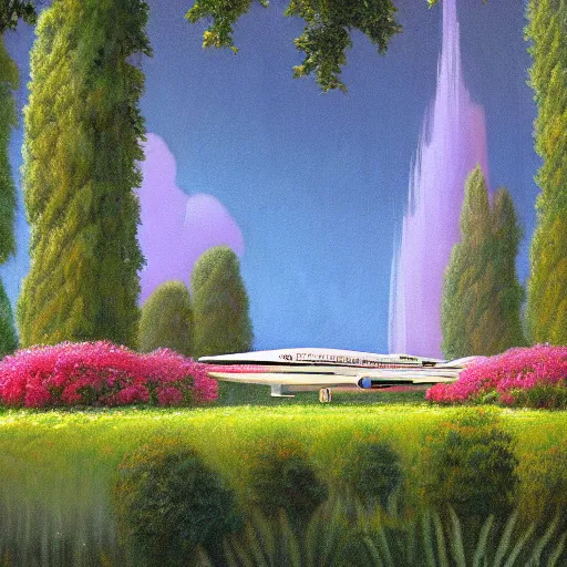 Prompt: very detailed and perfectly readable fine and soft relevant outlines soft edges painting by beautiful walt disney animation films of the late 1990s and Thomas Cole in HD, we see a futuristic giant military design boeing architecture in a french perfect garden, nice lighting, perfect readability, UHD upscale W-1024 H-1024 n-4