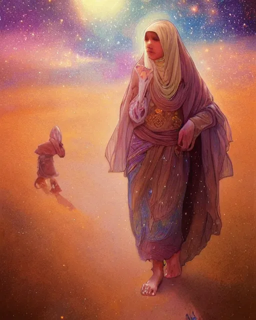 Image similar to bedouin child praying in galaxy walking towards mosque surrounded by nebula, highly detailed, gold filigree, romantic storybook fantasy, soft cinematic lighting, award, disney concept art watercolor illustration by mandy jurgens and alphonse mucha and alena aenami, pastel color palette, featured on artstation