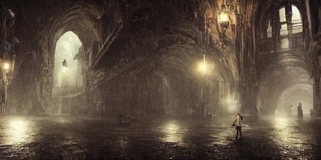 Image similar to A hauntingly beautiful city in a dark cavern, rainy and gloomy atmosphere, fantasy digital art, octane render, beautiful composition, trending on artstation, award-winning photograph, masterpiece