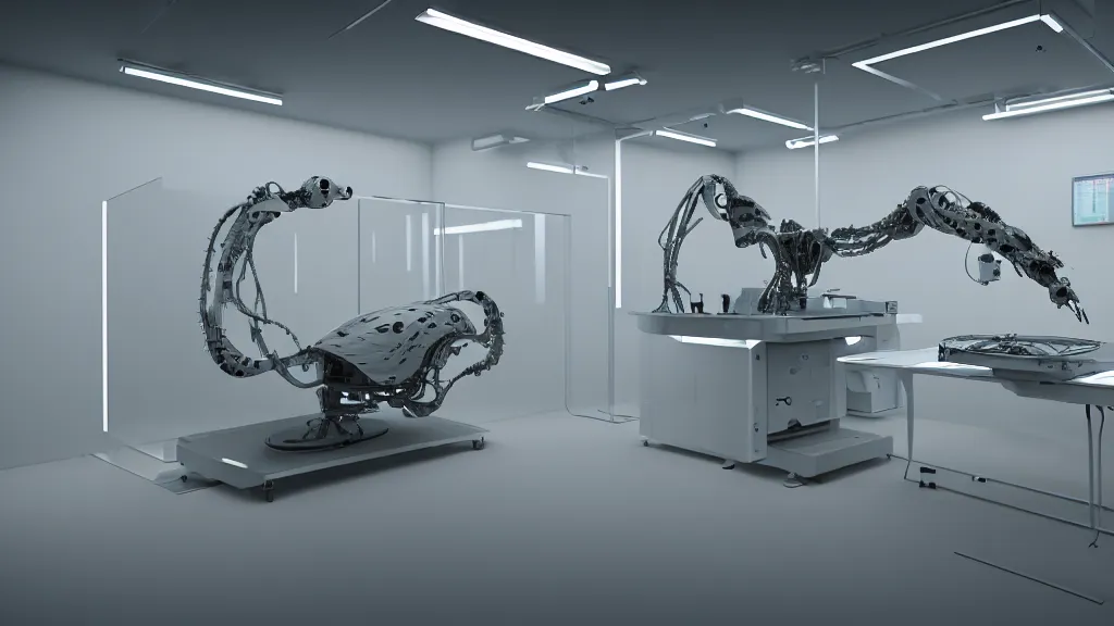 Prompt: a complex bifurcated robotic cnc surgical arm hybrid mri 3 d printer machine making organic ceramic kintsugi mandlebulb forms in the glass room laboratory with control panels, film still from the movie directed by denis villeneuve with art direction by salvador dali, wide lens, f 3 2, cinematic lighting, studio quality, smooth render, unreal engine 5 rendered, octane rendered