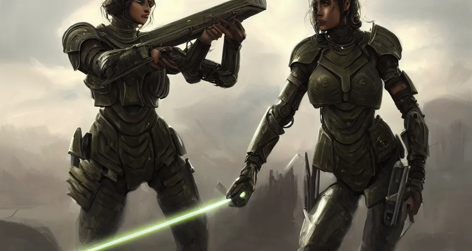 Prompt: a photorealistic painting of an attractive young warrior girl, clothed in stealth-battle armor with a giant sci-fi sniper rifle in her hands, olive skin, long dark hair, beautiful bone structure, symmetrical face, perfect eyes, a futuristic hover-tank with heavy laser-turret in the background, intricate details, elegant, digital painting, illustration, sharp focus, minimal artifacts, from Metal Gear, in the style of Ruan Jia and Mandy Jurgens and Greg Rutkowski, trending on Artstation, award winning, unreal engine, octane render