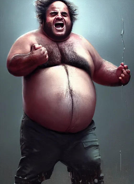 Prompt: Portrait of Fat Danny Devito with his belly sticking out as The Wolverine (2013), Hes screaming at the rain in the middle of the night road, realistic, detailed, 4k by Greg Rutkowski Mark Arian trending on artstation