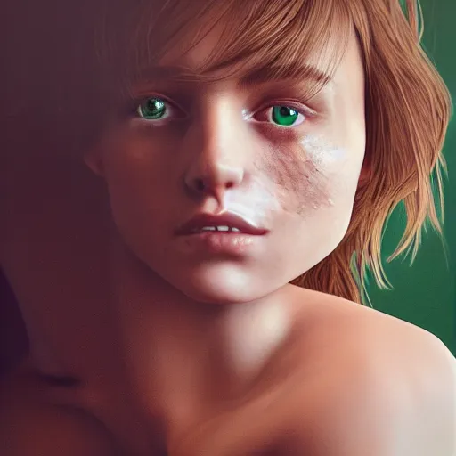 Prompt: intricate crisp portrait of a cute thin young woman, light bronze brown hair, very detailed emerald green eyes, red blush, light freckles, soft smile, casual clothes, relaxing on the couch, home interior, golden hour, close up shot, 8 k, art by irakli nadar, hyperrealism, hyperdetailed, ultra realistic