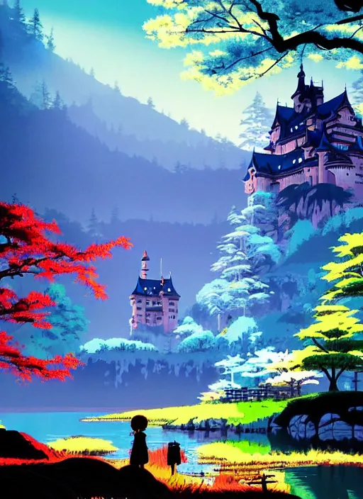 Prompt: magical castle, forest, river, scenery wallpaper aesthetic, anime style, beautiful, cinematic, dramatic, super detailed and intricate, hyper realistic, by koson ohara, by darwyn cooke, by satoshi kon