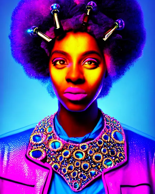 Image similar to afro futuristic portrait of a black woman. vivid neon lighting, colors. fashionable jacket, necklace. cyberpunk style, wearing a crown of blue crystals and diamond studs in the cosmos by manzel bowman