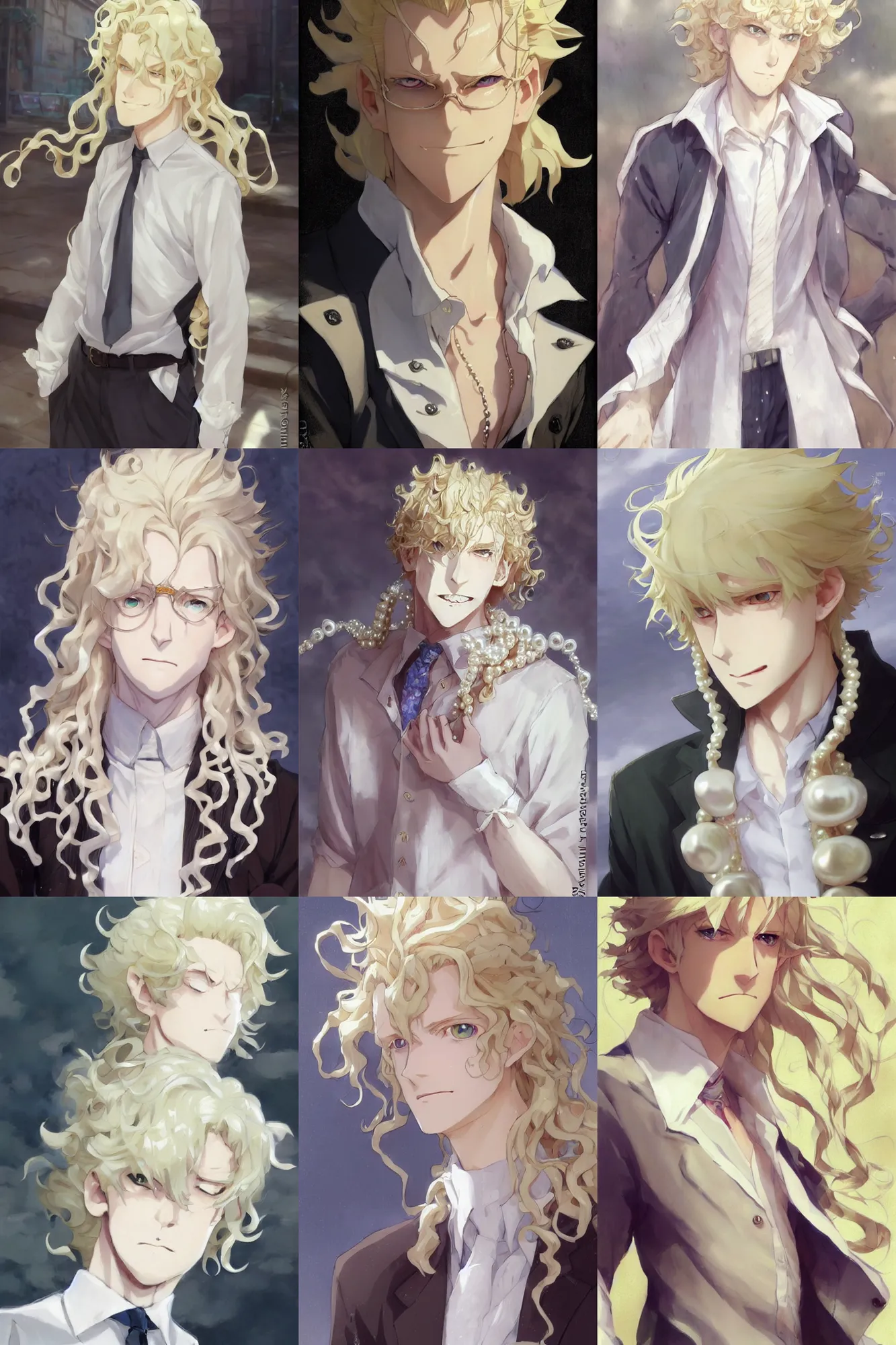 Prompt: Close-up a pale blond male villain wearing a poet shirt with many frills and pearls, by krenz cushart and makoto shinkai. Long curly light blond hair. Very very very pale white skin and golden blond hair. Accurately shaped. A very clean image.