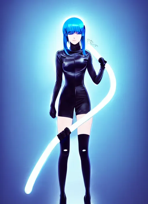 Image similar to hyper realistic photograph portrait of pretty girl with blue hair, wearing a full leather outfit, holding a whip, dramatic lighting by makoto shinkai, ilya kuvshinov, lois van baarle, rossdraws, basquiat