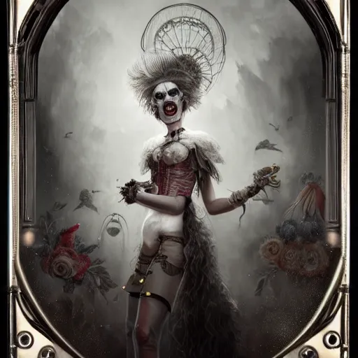 Image similar to By Tom Bagshaw, ultra realist soft painting of a curiosities carnival by night, Female steampunk Clown smiling long tongue dirty teeth and dressed, horror, omnious sky, symmetry accurate features, very intricate details, black and white, volumetric light clouds