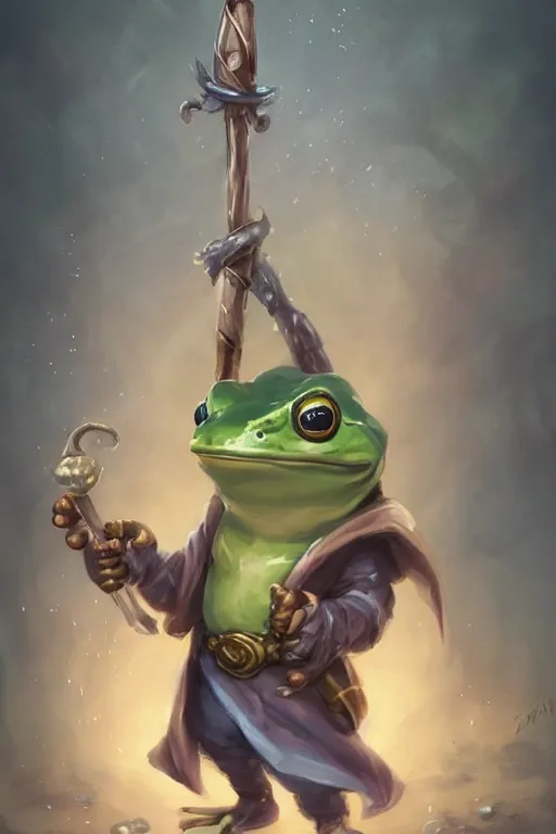 Image similar to cute little anthropomorphic frog wizard wearing a cape and holding a wand, tiny, small, miniature , baby animal, short, pale blue armor, cute and adorable, pretty, beautiful, DnD character art portrait, matte fantasy painting, DeviantArt Artstation, by Jason Felix by Steve Argyle by Tyler Jacobson by Peter Mohrbacher, cinematic lighting