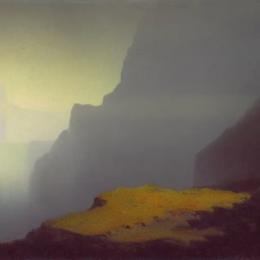 Image similar to black rainbow among cliffs, early morning, soft fog, Albert Bierstadt