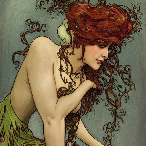 Image similar to a beautiful painting of poison ivy as a lawyer dressed in a three piece suit arguing a case in a court, dark eyeliner, intricate, elegant, highly detailed, digital painting, artstation, concept art, matte, sharp focus, illustration, art by rebecca guay and by arthur rackham and by alphonse mucha and by john william waterhouse