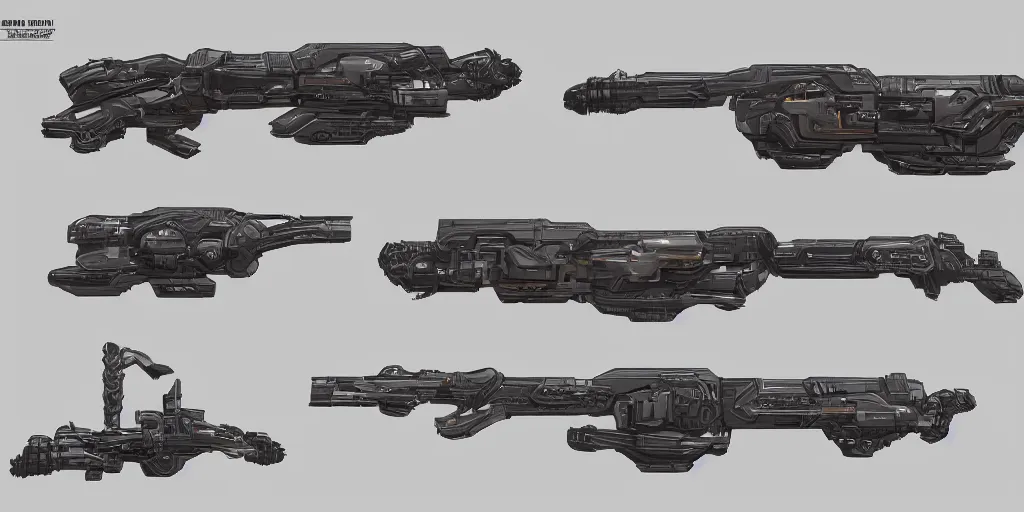 Prompt: top down orthographic 2 d concept art sheet of a sci fi plasma rifle, thick body, intricate detail, trending on artstation, award winning concept artist, 8 k