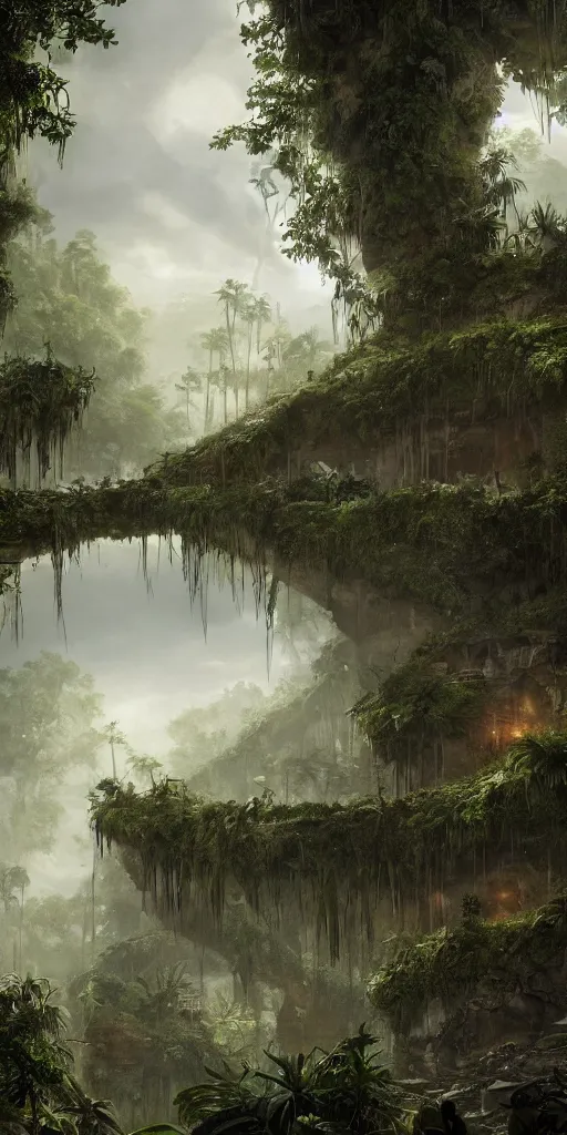 Prompt: An epic matte painting of an overgrown coloseum in the jungle, dark, mysterious, intricate, gorgeous, tropical, stunning, 4k resolution, featured on artstation, f16