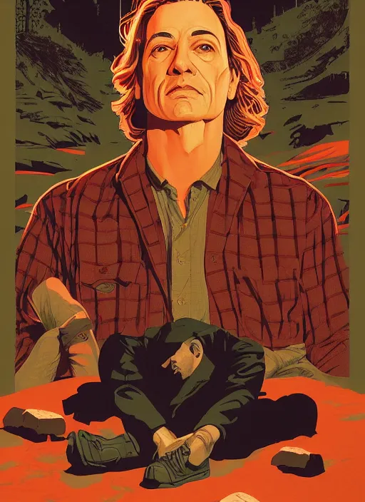 Image similar to Twin Peaks poster artwork by Michael Whelan, by Bob Larkin and Tomer Hanuka, Karol Bak of portrait of Joe Rogan in red flannel spotlight from the sky shining on him, from scene from Twin Peaks, clean, simple illustration, nostalgic, domestic