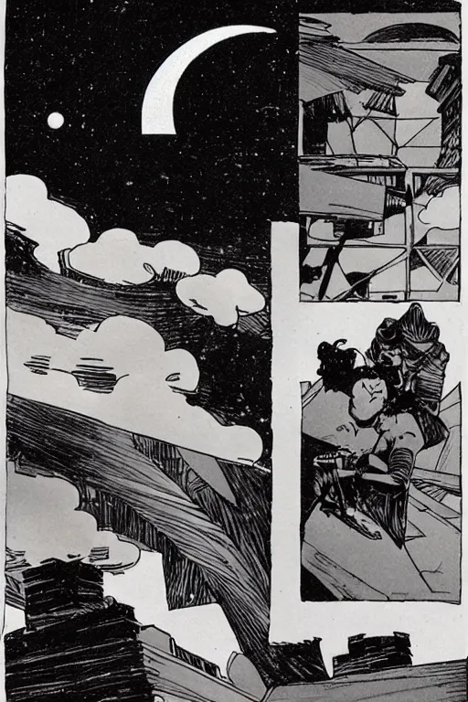 Prompt: seaside ultramodern building, night, moon in sky encircled by clouds, heavy ink!!!!!!! mike mignola