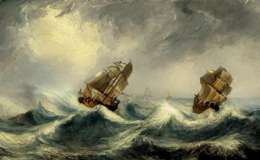 Image similar to a pirate boat in the sea with big waves by William Turner