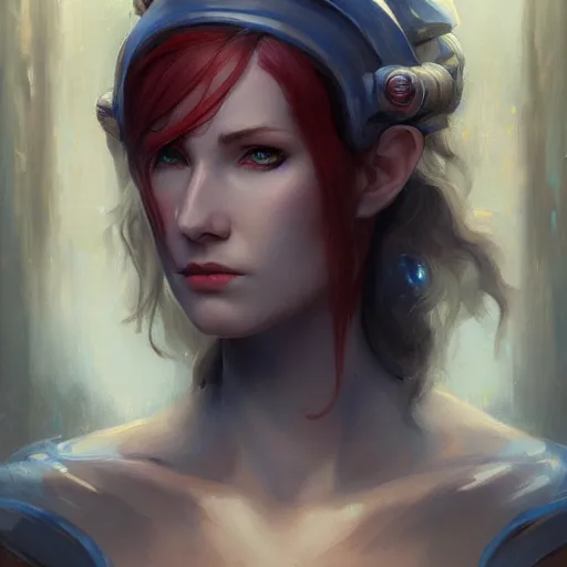 Prompt: A detailed matte oil on canvas head on symmetrical portrait of a beautiful elven woman with blue red eyes and red hair by greg rutkowski and Charlie bowater, trending on artstationhd, dungeons and dragons art