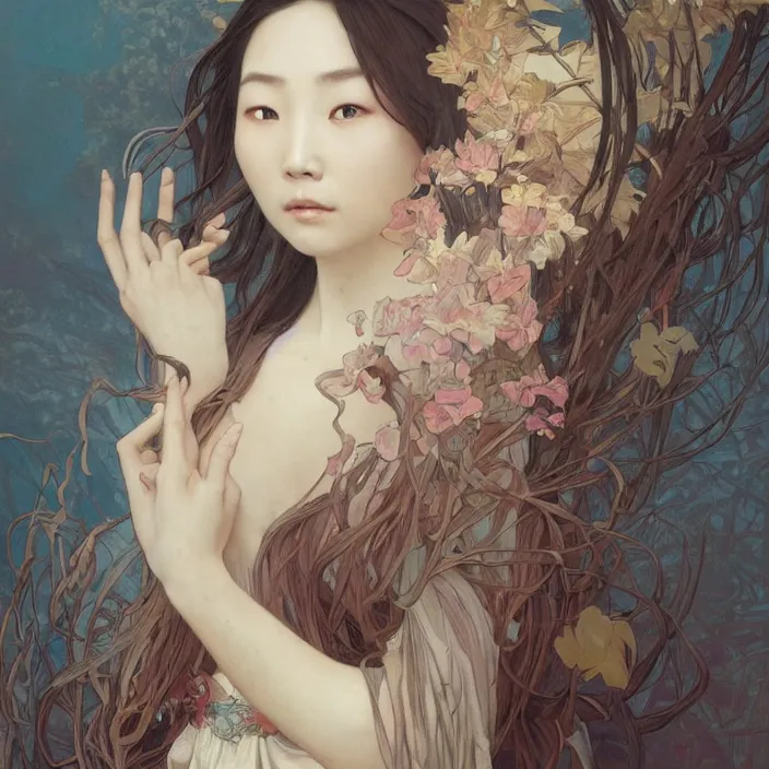 Image similar to A portrait of A Chinese woman with long hair by Ross Tran!!! and alphonse mucha and greg rutkowski! and gustav doré! and Zdzisław Beksiński!,In style of digital art illustration.Symmetry.Highly detailed face.Fantasy,smooth,hyper detailed,sharp focus,Soft light.trending on artstation.4k