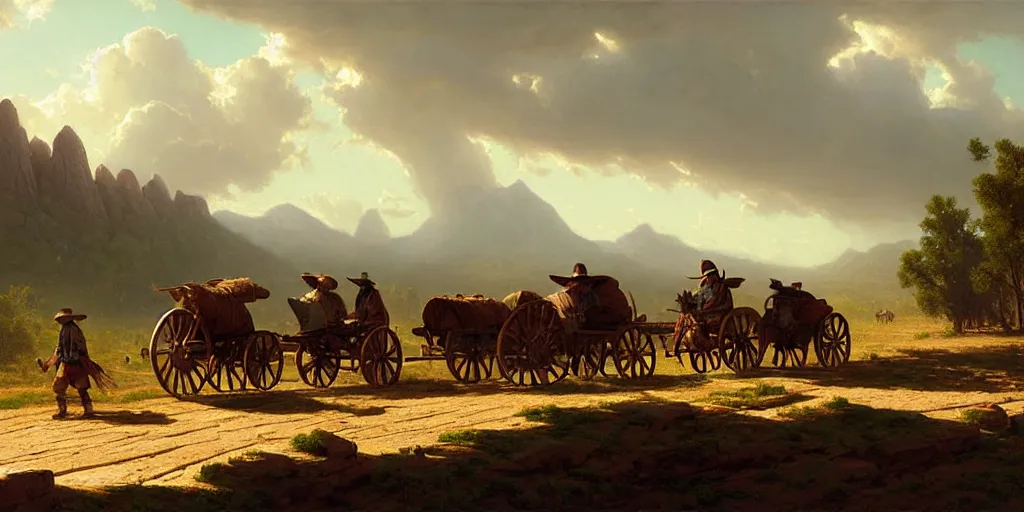 Image similar to a pack of settlers with covered wagons are crossing american plains with a small riverbed, mountaineous background, cloudy day, highly detailed, digital art, by greg rutkowski, by albert bierstadt