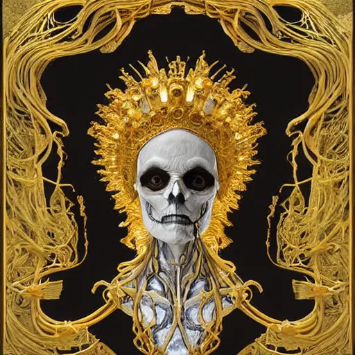 Image similar to portrait of Hecate as a marble statue skeleton, greek mythology, gold crown and filaments, visible fossilized arteries and bones and veins and spine and muscles and nerves, intricate, headshot, highly detailed, digital painting, artstation, concept art, sharp focus, cinematic lighting, illustration, art by artgerm and greg rutkowski, alphonse mucha, cgsociety, chiaroscuro