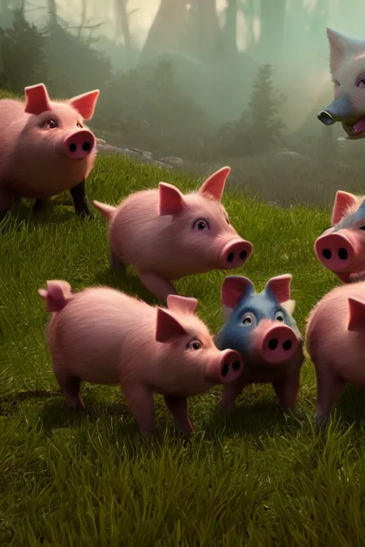 Prompt: three funny little pigs playing with the wolf who is begging for mercy. cinematic lighting, unreal engine, 8 k, hd extremely detailed. 4 k. award winning. ultra realistic photo.