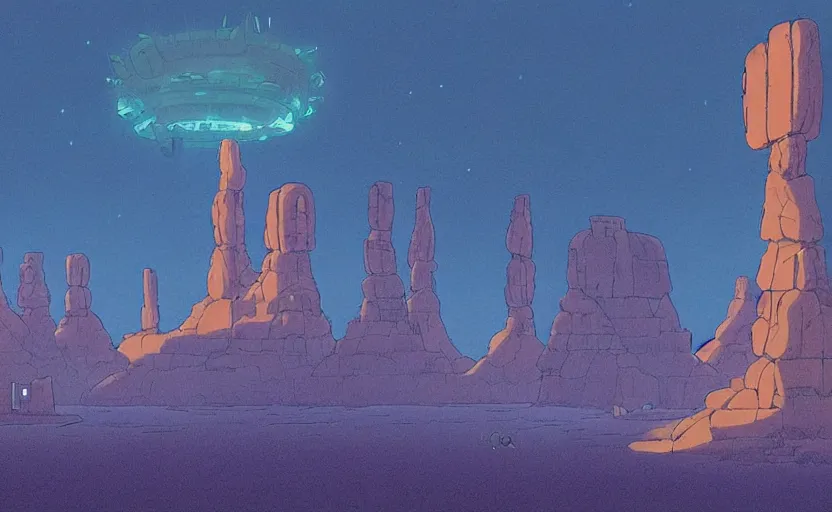 Image similar to a cell - shaded studio ghibli concept art from paprika ( 2 0 0 6 ) of a ufo with lights from close encounters of the third kind ( 1 9 7 7 ) sitting on top of a lush temple that looks like monument valley stonehenge jungle. a giant camel is in the foreground. very dull colors, hd, 4 k, hq