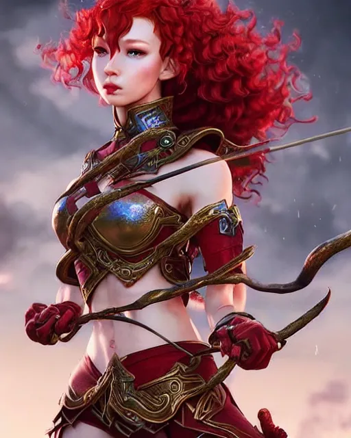 Image similar to ranger, intricate fantasy outfit!!! beautiful and athletic red curly hair female elf!! gorgeous face and eyes!! character concept art, sharp focus, octane render! unreal engine 5! highly rendered!! trending on artstation!! detailed linework!! illustration by artgerm, wlop, and chie yoshii