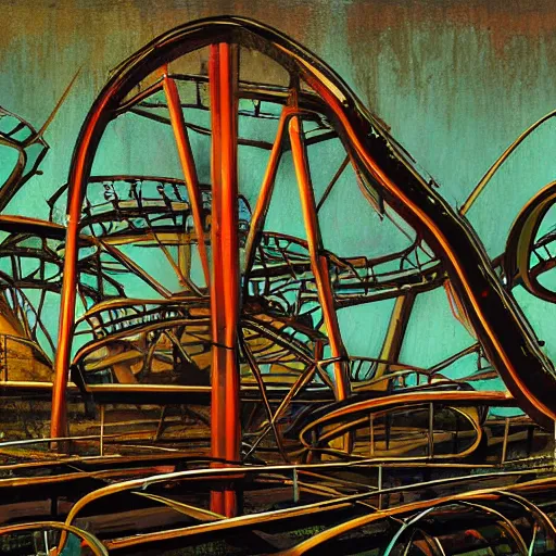 Prompt: abandoned rollercoaster with clear geometry, creepy ambiance, lush vegetation, desaturated, fog, surreal by syd mead