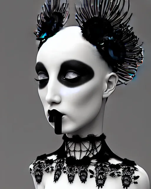 Image similar to dreamy surreal poetic black and white 3D render of a beautiful young porcelain female-creature-cyborg-vegetal with a very long neck and a super big gothic lace collar filled with dead flies and a very high big floral crown with many black dry roses:: smoke, high fashion, haute couture, rococo, avant-garde, elegant, dreamy, hyper realistic, 150 mm lens, avatar Second Life, Anouk A., soft rim light, octane render, unreal engine, volumetric lighting, dramatic light,8k,