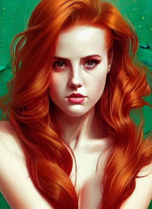 Image similar to full body portrait of teenage cheryl blossom, bangs, green eyes, mischievous expression, red hair, sultry smirk, bangs and wavy hair, intricate, elegant, glowing lights, highly detailed, digital painting, artstation, concept art, smooth, sharp focus, illustration, art by wlop, mars ravelo and greg rutkowski