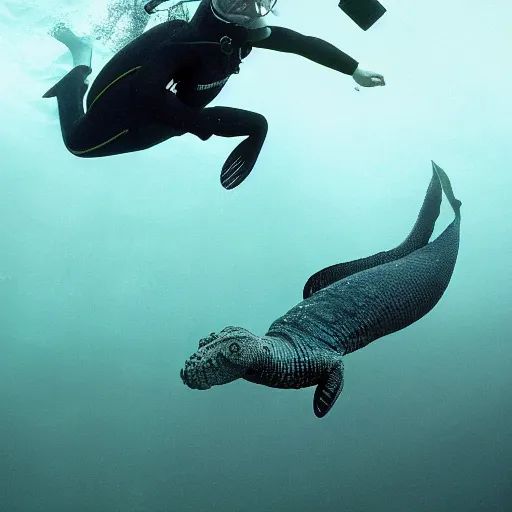 Image similar to mark zuckerberg scuba diving underwater, long reptilian tail, photo by annie leibovitz,